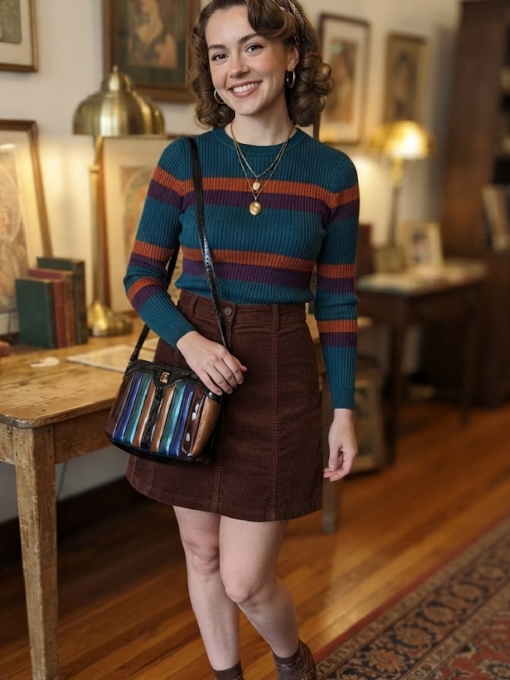 PE Florence Vintage Multi-Color Patent Leather Crossbody Bag with Black Trim